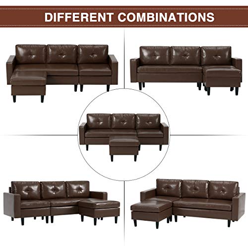 YODOLLA Convertible Sectional Sofa Couch, L-Shaped Sofa Couch with Modern Faux Leather, Dark Brown Sectional for Small Space