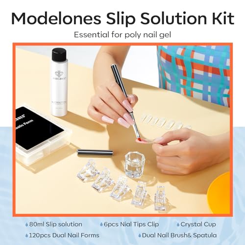 Image of modelones Slip Solution for Poly Gel, 2.8oz Anti-Stick Liquid for Poly Gel with 120Pcs Flat Dual Nail Forms Nail Tips Clips Kit