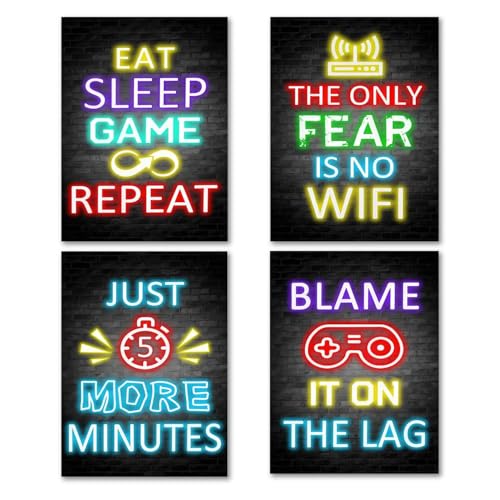 Vexilon 4 Pack Gaming Posters, Neon Gaming Canvas Wall Art for Boys Room, Stylish Design Gamer Painting Prints for Teen Bedroom Accessories, (A4, Unframed)