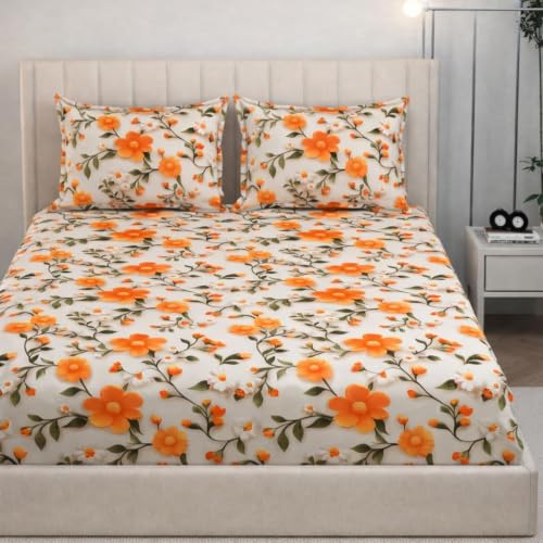 Image of 380 TC Premium Glace Cotton Elastic Fitted Bedsheet King Size with 2 Pillow Covers King Size | Double Bed with All Around Elastic (7DOrange, Fitted - 72 inchx78 inch King)