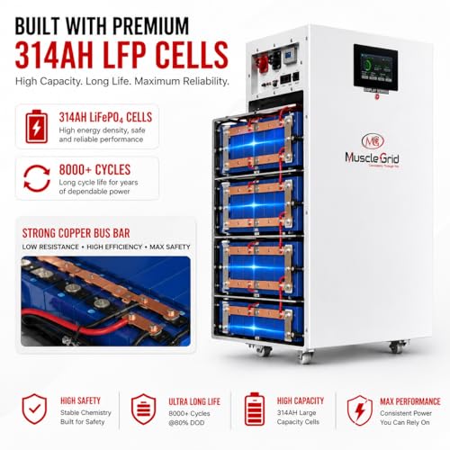 Image of MuscleGrid 51.2V 314Ah LiFePO4 Battery Pack with JK BMS | 200A Charge / 350A Discharge | Touch Screen Display | 8000 Cycles | Smart CRM Monitoring | Energy Storage System (320AH Cell Laser Weld)
