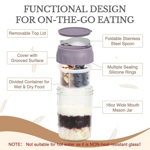 Image of SOLIGT 2 Pack Overnight Oats Containers with Lids (Oat White /Purple) | Folding Spoons and Divided Compartments for Fruit&Nuts, Small Glass 16oz Mason Jars for Oatmeal Yogurt Parfait