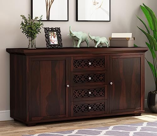Image of Solid Sheesham Wood Wooden Sideboard Storage Cabinet : Ideal for Living Room and Bedroom with 4 Drawers and 4-Shelf Storage (Cambrey, Walnut Finish)