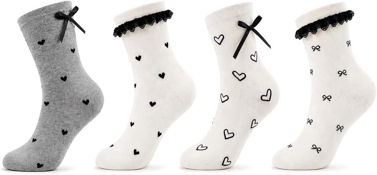 4 Pairs Women’s Lace Ruffle Socks, Cute Frilly Ankle Socks with Bow and Heart Pattern, Soft Breathable Cotton Korean Style Socks
