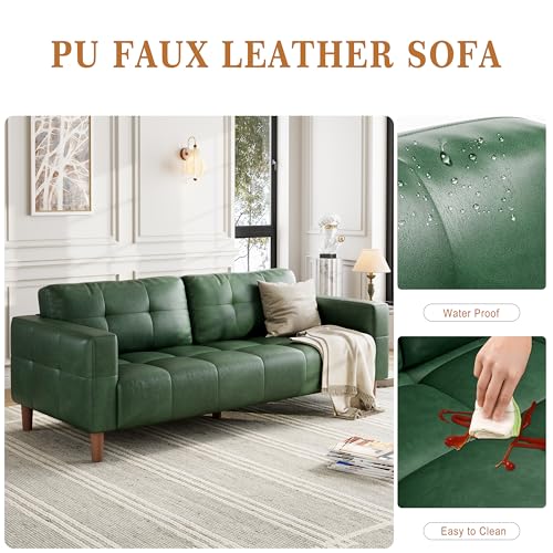 Image of GarveeHome 3-Seater Sofa Couch, 83 in Wide Faux Leather Sofa Couch with Spring Cushion, Modern Sofa with Deep Seats and 2 Removable Back Cushions, for Living Room, Bedroom, Apartment, Office, Green