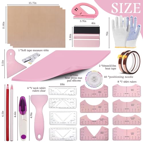 67 Pcs Sublimation Shirts Tool Kits for Vinyl Alignment,Heat Press Mat Pad Silicone,T-Shirt Rulers Guide and Teflon Sheet for Cricut Heat Press HTV Vinyl Center Designs,Craft Sewing Accessories - Image 3