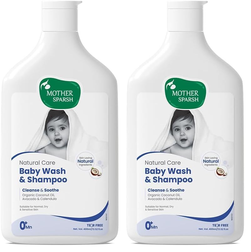 Image of Mother Sparsh Natural Care Baby Wash & Shampoo-400ml | Baby Head to Toe Wash | Tear Free Formula With Organic Coconut Oil, Calendula & Avocado | Suitable for Newborn Sensitive Skin (Pack of 2)