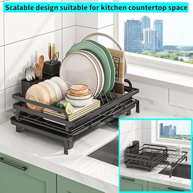 Dish Drying Rack, Dish Racks for Kitchen Counter, Over The Sink Dish Drying Rack, Expandable Dish Drainers with Drain Board Cup Holder and Utensil Holder