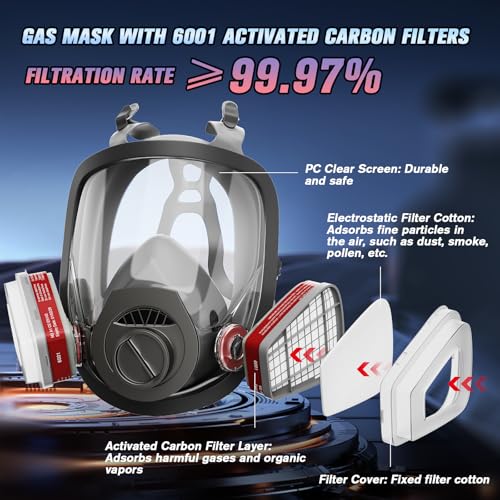 2025 Upgraded Gas Mask, Gas Masks Survival Nuclear and Chemical, Full Face Gas Mask with 40mm Activated Carbon Filter and 6001 Filter, 6800 Respirator Mask for Gases, Vapors, Dust, Chemicals - Image 6