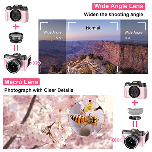 4K Digital Cameras for Photography 48MP Vlogging Camera 16X Digital Zoom Manual Focus Rechargeable Students Compact Camera with 52mm Wide-Angle & Macro Lens, 32G TF Card and 2 Batteries - Image 6