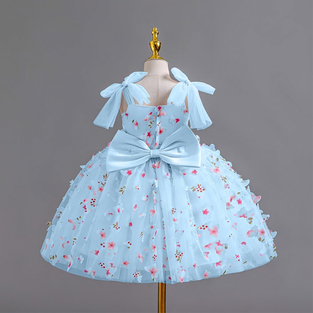 IDOPIP Flower Girl Dress Toddler Birthday Dress 3D Butterfly Bowknot Tulle Tutu Sundress for Wedding Party Casual 3-10 Years