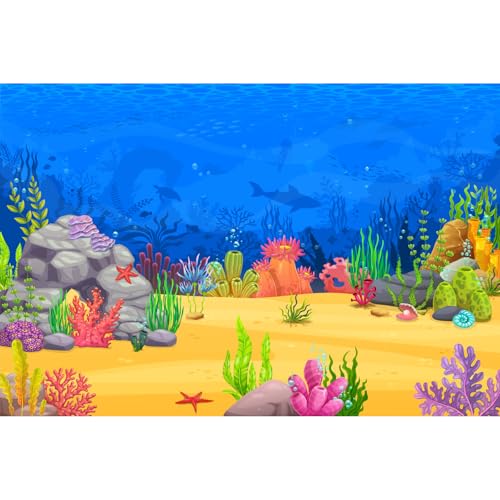 Image of Under The Sea Aquarium Background Blue Ocean Under Water World Fish Tank Background Cartoon Undersea Floor Coral Reef Terrarium Backgrounds Shark Turtle Theme Aquarium Backgrounds 36x18in