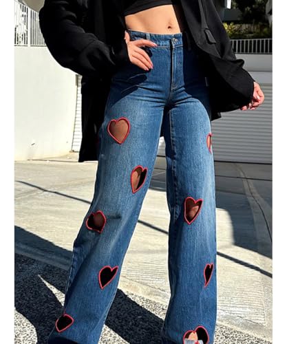 Jeans for Women Y2k Trendy High Waisted Heart Hollow Straight Leg Denim Jeans2