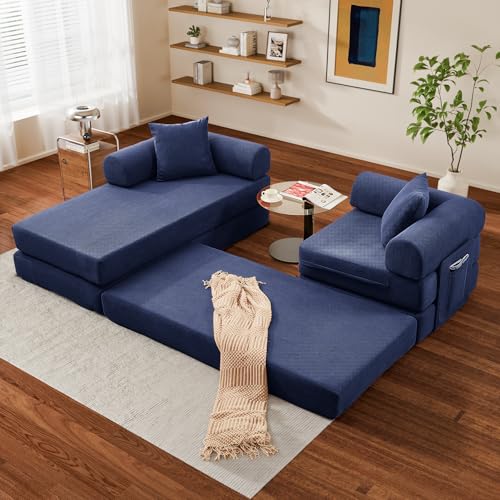 Image of 107 inch Modular Sectional Sofa Bed, L-Shape Corduroy Boneless Couch, Blue
