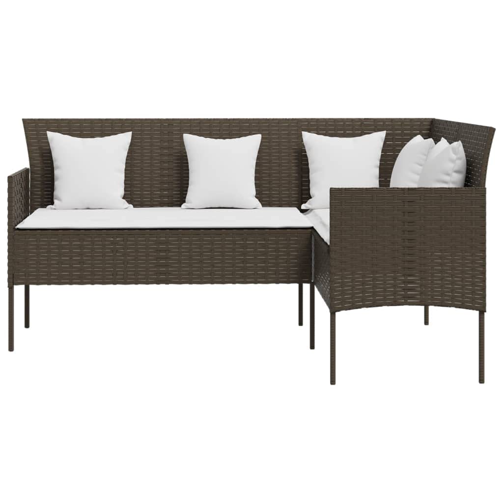 Divano a L da Giardino in Rattan PE Marrone con Cuscini | Elegante seduta angolare per giardino e terrazzo con imbottitura spessa, ideale per momenti di relax e conversazione.
