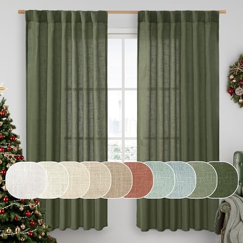 LAMIT Olive Green 72 inch Linen Curtains for Living Room 2 Panels, Linen Textured Light Filtering Semi Sheer Back Tab and Rod Pocket Christmas Curtain Panels for Bedroom/Farmhouse, 52 x 72 Inch