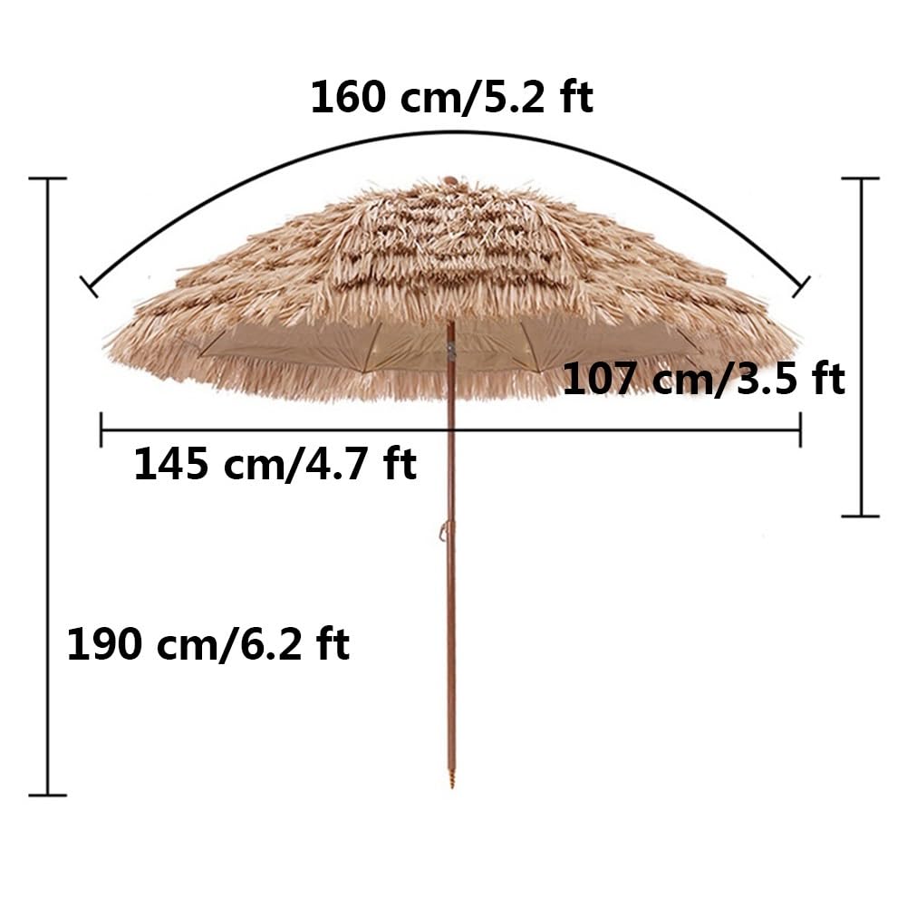 Hula Tiki Parasol 5/6.5/8FT Haian Beach Parasol z 8 żeberkami Zewnętrzna parasolka Tiki na podwórku basenowym (160 cm / 5,2ft)