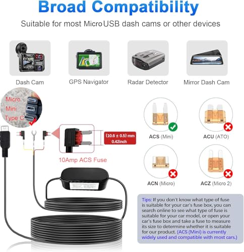 Image of Gebildet Type C USB Port Dash Cam Hardwire Kit for 24H Parking Monitor /Time-Lapse Recording Converts 12V-24V to 5V /2.5A Car Dash Camera Charger 320cm Cable Kit, Low Voltage Protection