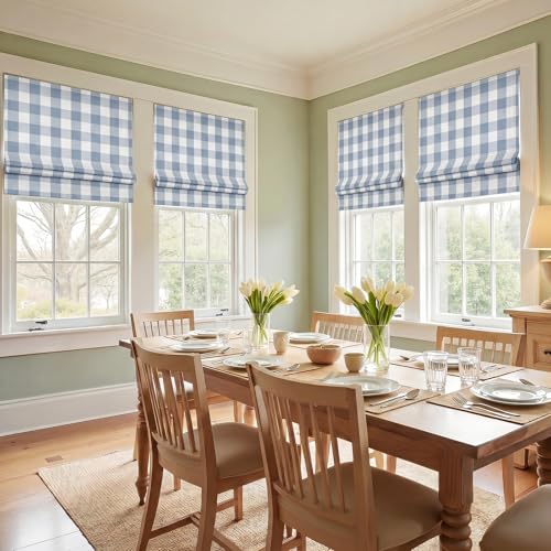 Image of TWOPAGES No Drill Cordless Buffalo Light Blue Plaid Roman Shades Gingham Checkered Roman Blinds for Windows, Customized Room Darkening Blackout Blinds Farmhouse Shades, 1 Piece