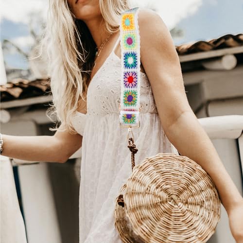 Image of Mikovivi Crochet Flower Purse Strap, 2 inch inch Wide Women's Adjustable Bag Strap Crossbody Colorful Boho Knitted Purse Strap with Metal Buckles Replacement Crossbody Strap for Handbags Guitars