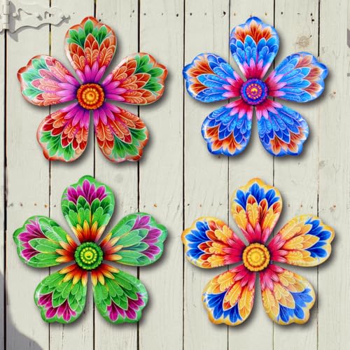 Metal Flowers Wall Decor - 4pcs 6.2'' Metal Wall Art Hanging Decorations for Outdoor Fence Garden Yard Patio Decor, Gift for Mom Friends