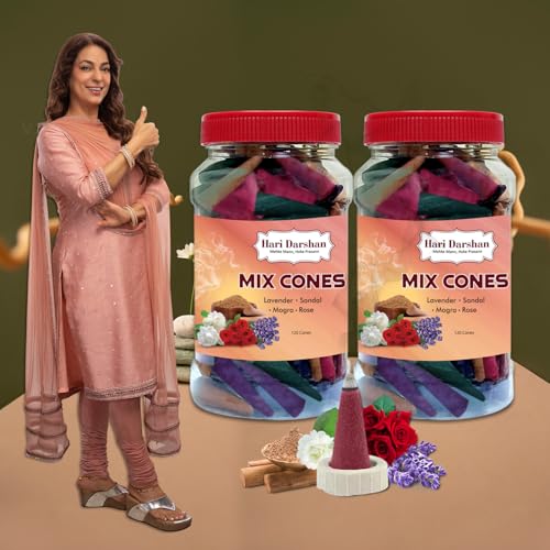 Image of Hari Darshan Natural Dhoop Cones Mix - 240 Cones | Lavender Rose Sandal Mogra | Pure Long-Lasting Dhoop Cones for Pooja Meditation Home Fragrance | Pack of 2 Jars 120 Cones Each for a Divine Aroma