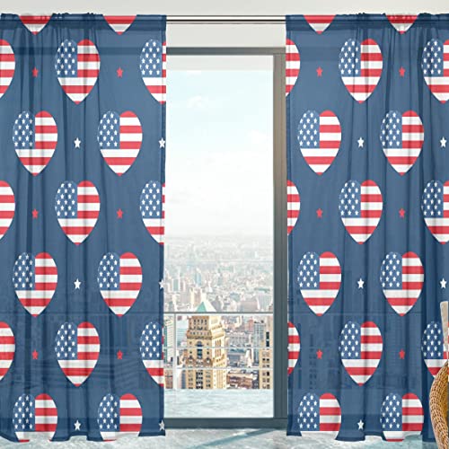 Mnsruu Rideaux Voilage Fenêtre Drapeaux USA Coeurs Doux Tulle Rideaux pour Salon Chambre 140 x 213 cm 2 Panneaux