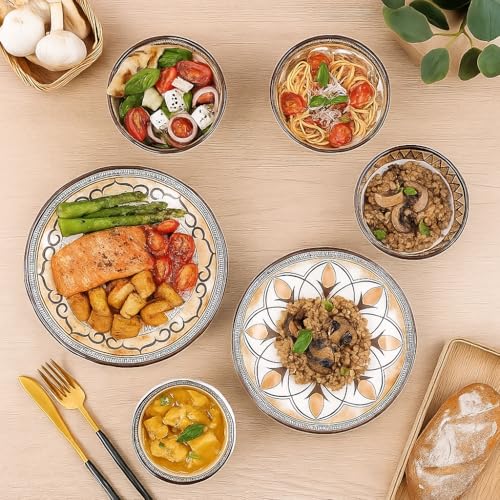 Image of 6-Piece Ceramic Dinner Set, 2 Plates & 4 Bowls, Microwave Safe, Dishwasher Safe, Floral Dinnerware (Vintage Style, 2 Plate & 4 Bowl Set)