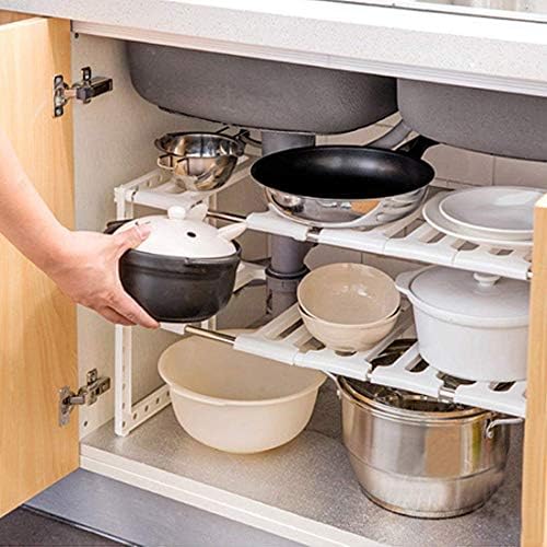 DEENZ Under Sink Shelf Adjustable EXTENDABLE Storage Stainless Steel and PP Plastic Rack Multipurpose Kitchen Bathroom Under Sink Rack Shelf Organiser Storage Tidy (Pack of 1)