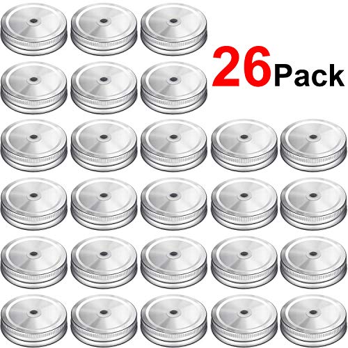 26 Packs Stainless Steel Regular Mouth Mason Silver Jar Lids with Straw Hole