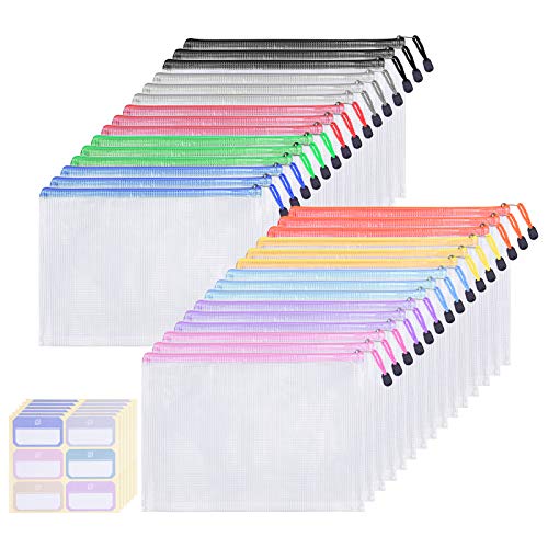 Homeweeks 30 Pack 10 Colors Zipper Pouch, Mesh Zipper Pouch Document Bag, Plastic Zipper Pouches File Folders Letter Size/A4 Size for Office Supplies Cosmetics Travel Storage