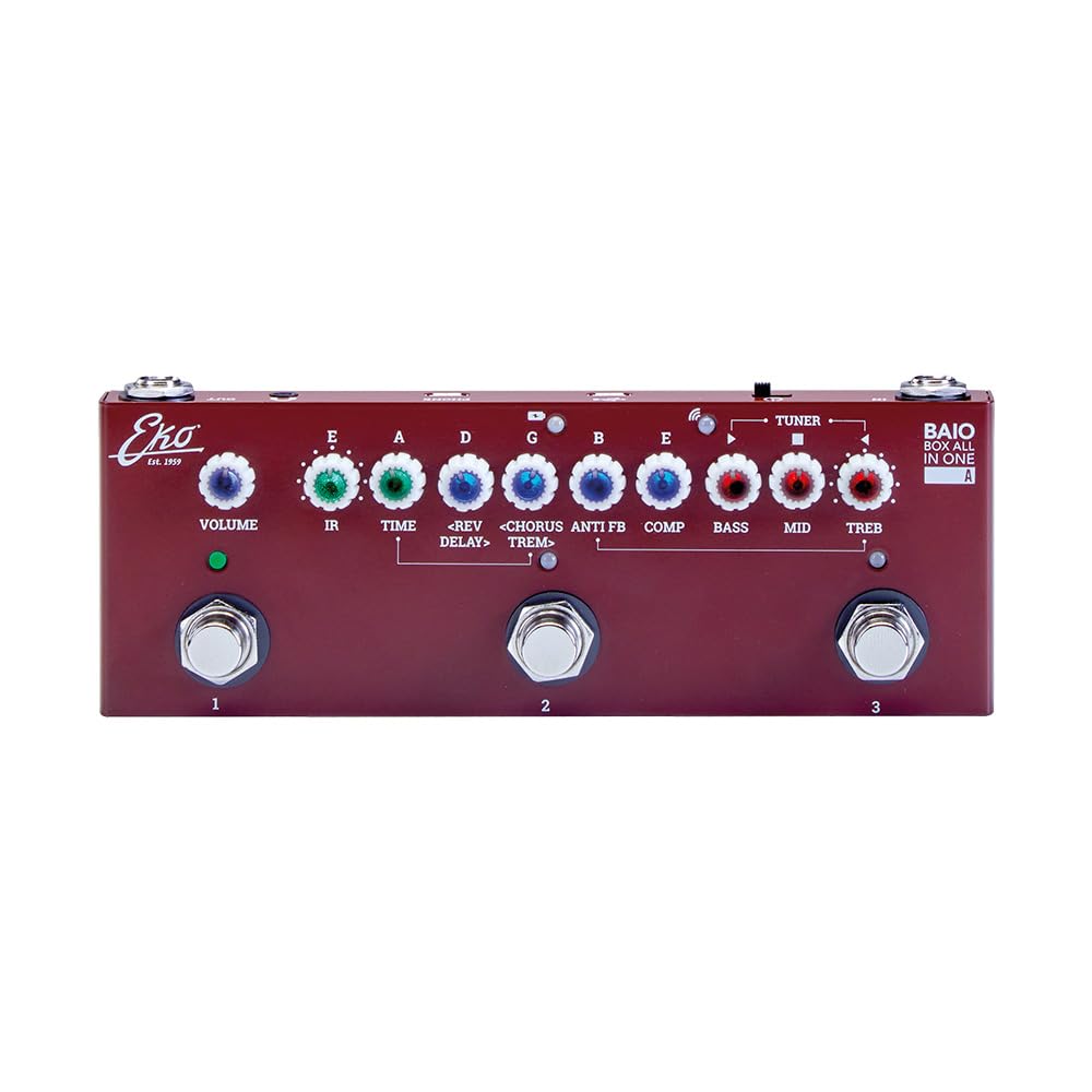 EKO GUITARS - BAIO A PEDALE MULTIEFFETTO CON IR INTEGRATI PER CHITARRA ACUSTICA, CLASSICA E BASSO ACUSTICO, 8 IR, Controlli Tono, Compressore, 2 Eff. Modulazione, 2 Eff. Ritardo, Live/Preset