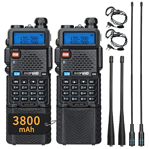 Baofeng UV-5R Ham Radio Handheld,UV5R Baofeng Radio Dual Band Long Rang Walkie Talkie Rechargeable 3800mAh Battery with Extra AR771 Antenna Earpiece Full Kits, 2 Pack