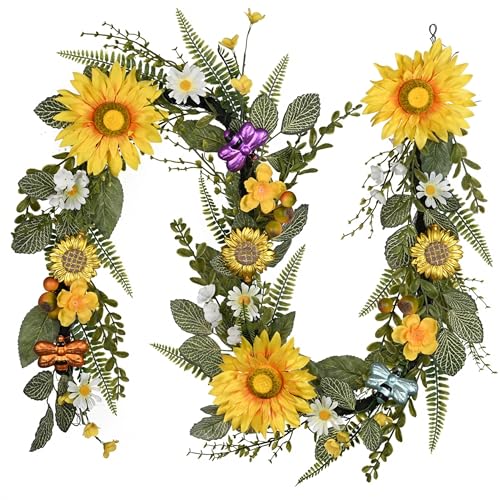 DecorbyHannah Sunflower Garland for Mantle 6ft Summer Garland Decorations for Home with Daisy and Bee Sunflower Decor for Home Table Porch Wedding Housewarming Gift Door Outside