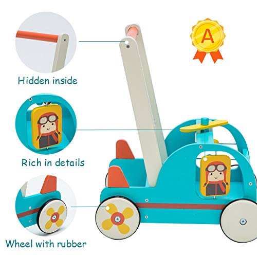 Blue Aircraft Wooden Baby Push Walker - 2-In-1 Toddler Push & Pull Toys Learning Walker Stroller Walker With Wheels For Baby Girls Boys 1-3 Years Old #TOP3