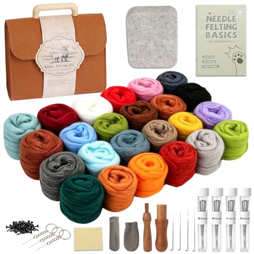 CILIENG Nadelfilzset 24 Farben Trockenfilz Starterset für Anfänger Filzwolle mit Aufbewahrungstasche komplettes Zubehör inklusive Schaumstoffunterlage Filznadeln Anleitung für Nassfilzen DIY