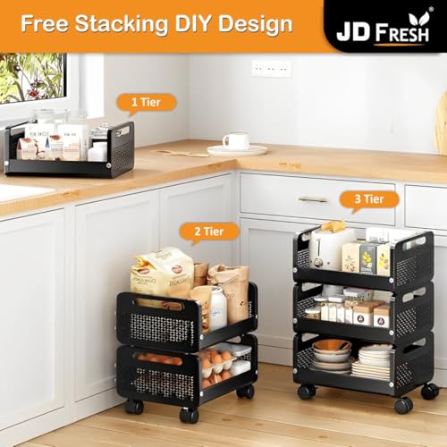 Image of JD FRESH Rolling Metal Utility Cart /Stackable Storage Baskets with Lockable Wheels /Container Basket /Heavy Durable Organizer Trolley for Kitchen /Bedroom /Office(3 Tier)