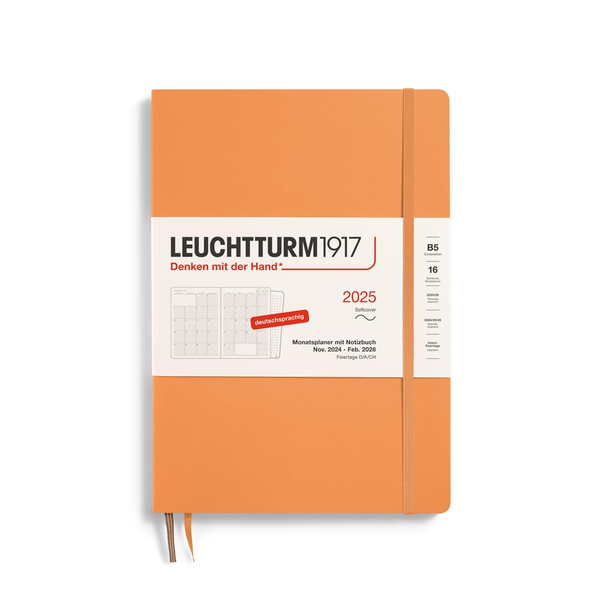 LEUCHTTURM1917 370604 Monthly Planner & Notebook Composition (B5) 2025, 16 Months, Soft Cover, Apricot, German