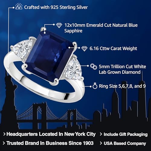 Gemstone Birthstone and White Lab Grown Diamond 3-Stone Ring For Women In 925 Sterling Silver | Emerald Cut 12X10MM | Trillion 5X5MM | Wedding Anniversary Promise Ring | Sizes 5, 6, 7, 8, 92