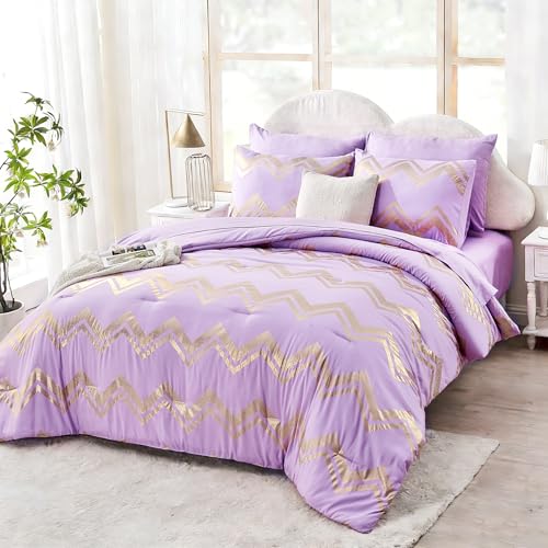Wowelife Teen Comforter Sets for Girls 7 Piece Purple Comforter for Queen Size Bed Gold Glitter Queen Bedding Set Teen Girl Bedding Purple Full Kids Bedroom Sets with 2 Pillow Shams and 2 Pillowcase