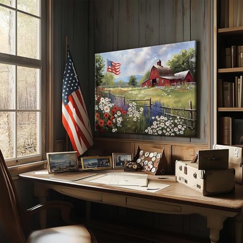 Image of Memorial Day Barn Canvas Wall Art, Rustic American Flag and Wildflower Farmhouse Print, Patriotic Country Barn Poster Framed Artwork for USA 4th of July and Living Room, Office Decor 24x30inch