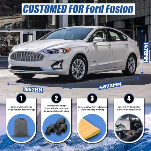 Image of Car Cover Custom Fit for Ford Fusion Sedan (2005-2026), Waterproof All Weather for Automobiles Full Exterior Cover Rain Sun Snow UV Protector.