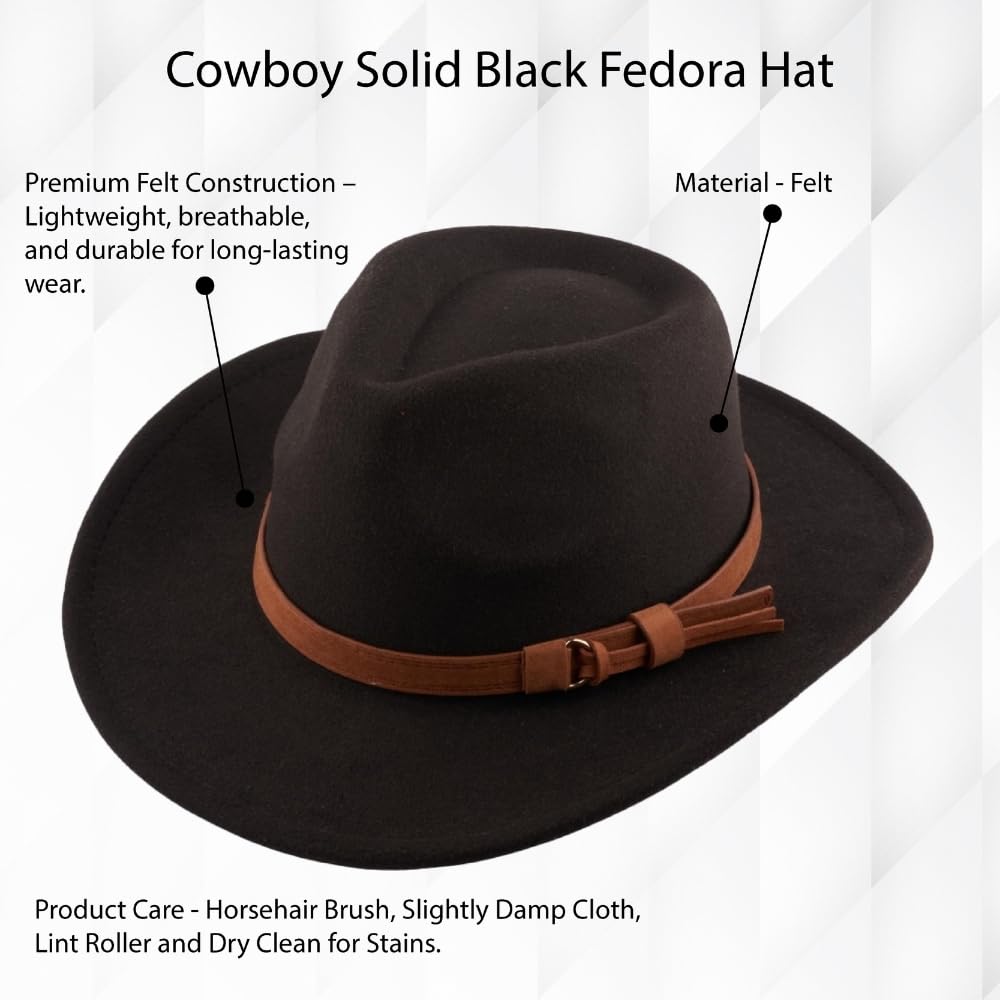 The Tie Hub Cowboy Black Fedora Hat with Brown Belt Western Wide Brim Hat 3
