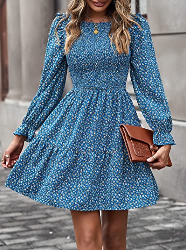 Image of KIRUNDO Long Sleeve Dress for Women 2025 Summer Fall Wedding Guest Smocked Floral Crewneck Ruffle A Line Flowy Mini Dress