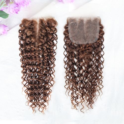 Curly Lace Closure Brown Color 4x4 Middle Part Brazilian Human Hair Brown Curly Wave HD Lace Closure Virgin Human Hair Chocolate Brown (18 Inch)
