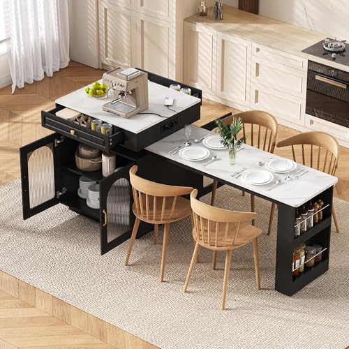 Oslghy Isla de Cocina con LED, Mesa Extensible con Tablero Extraíble y Regletas de Enchufes, Mesa Alta con Puerta de Cristal y Cajones, Modern Mueble Buffet con Almacenamiento, 128~200×71×92cm (Negro)