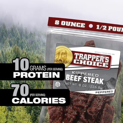 Image of Old Trapper, Trapper's Choice Peppered Kippered Steak, Eight-Ounce Individual Package, Spicy Meat Snacks, 11 Grams of Protein and 70 Calories Per Serving (Pack of One)