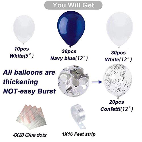 Navy Balloons, Navy Blue White Silver Confetti Latex Balloon Arch Kit with 16ft Strip Tape and Dot Glue, 95Pcs DIY Balloons Garland Kit for Wedding Birthday Graduation Baby Shower Party Decorations - Thumbnail 2