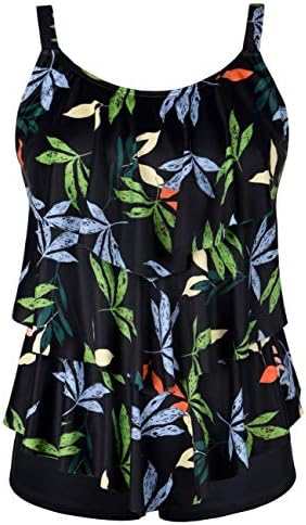 Septangle Black Two Piece Swimsuits for Women Tummy Control Tankini with Bottom Layered Flounce Swimwear,Black&Leaf,US12
