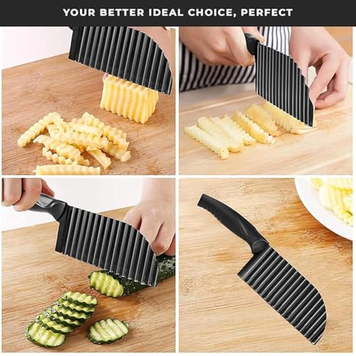 Image of PANCA Black Crinkle Knife for Vegetables & Fruits | Wavy Cutter for Potatoes, Salad, French Fries & Chips | Non-Stick Stainless Steel Blade with Ergonomic Handle